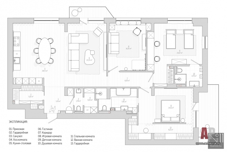 План семейной квартиры на первом этаже современного жилого комплекса. Общая площадь - 160 кв. м.