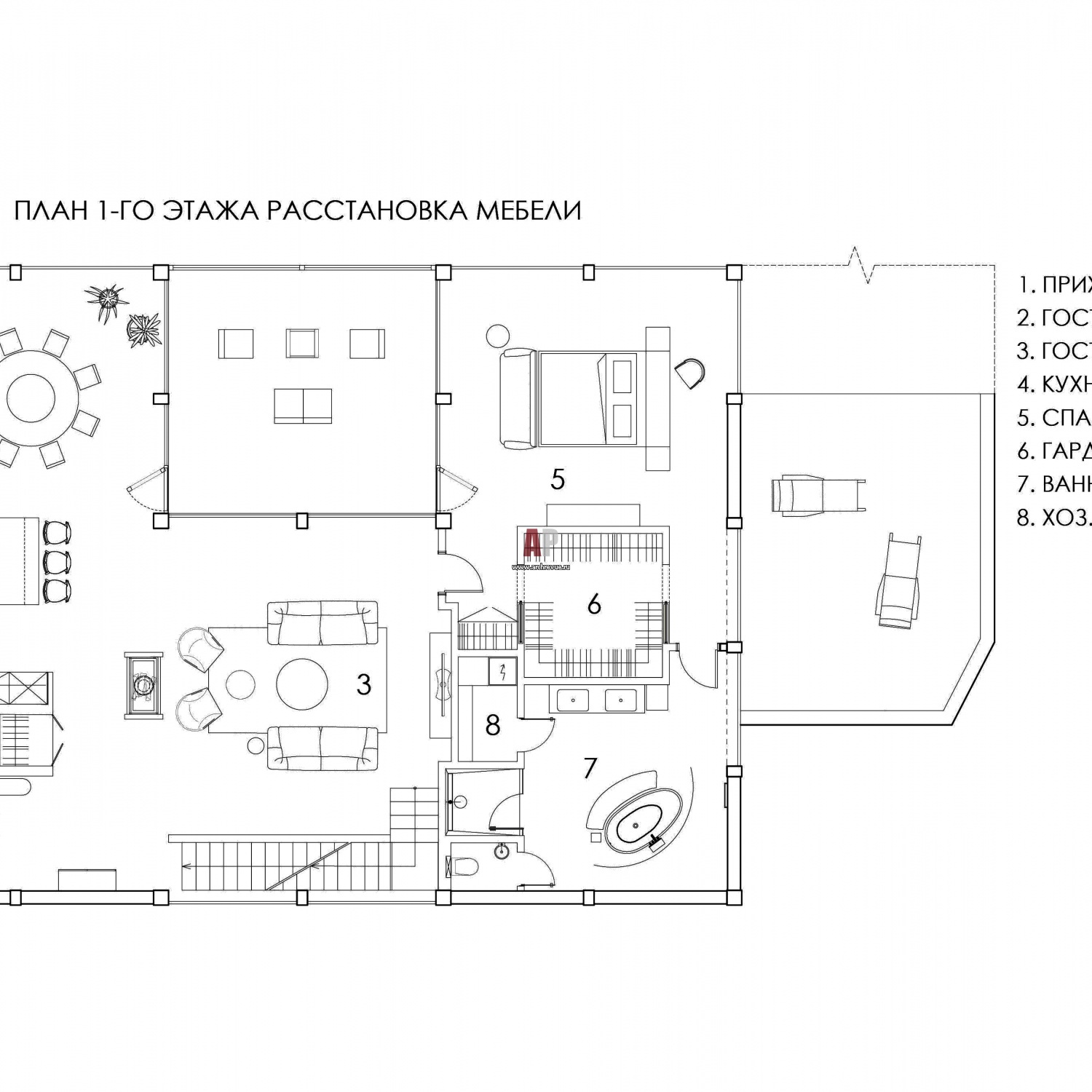 Планировка 1 этажа 3-х этажного дома в стиле современного фахверка.