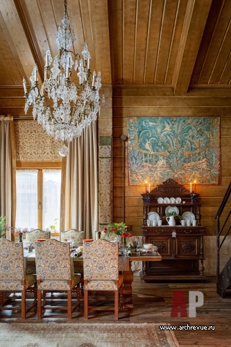 Фото интерьера гостиной деревянного дома в стиле шале