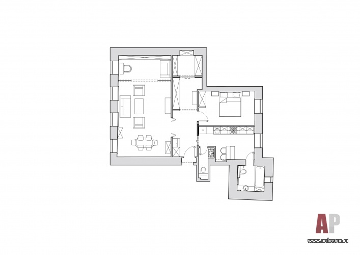 Планировка2-х комнатной квартиры с большой библиотекой в гостиной на Патриарших прудах.