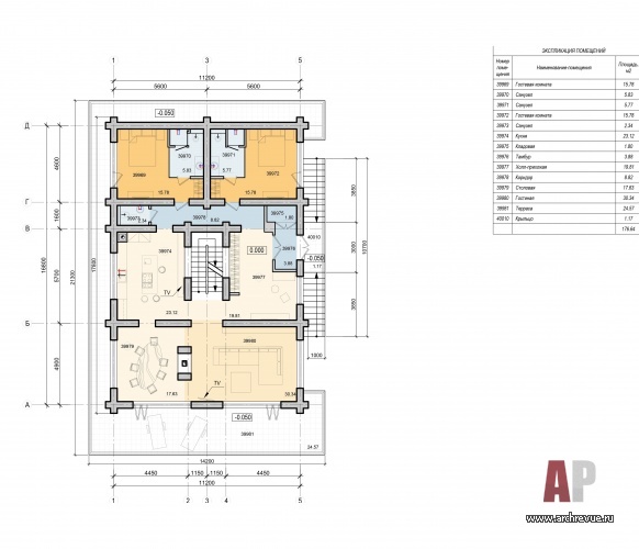 Планировка 1 этажа деревянного дома. Общая высота: 5 этажей – 2 цокольных и 3 надземных этажа.