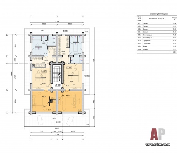 Планировка 2 этажа деревянного дома. Общая высота: 5 этажей – 2 цокольных и 3 надземных этажа.
