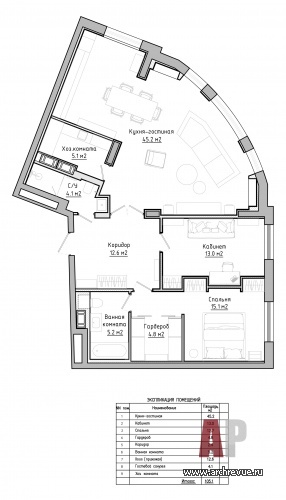 Общий план квартиры после перепланировки. Общая площадь – 105 кв. м.