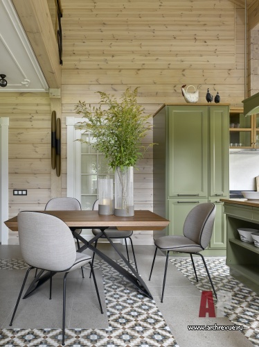 Фото интерьера кухни деревянного дома в стиле фьюжн