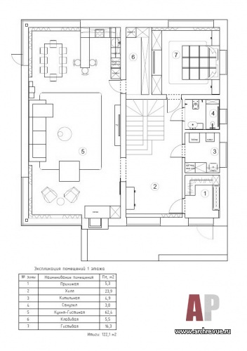 Планировка 1 этажа небольшого дома в Подмосковье, 250 кв. м.