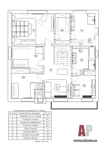 Планировка 2 этажа небольшого дома в Подмосковье, 250 кв. м.