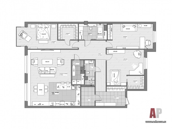 План 4-х комнатной квартиры после перепланировки.