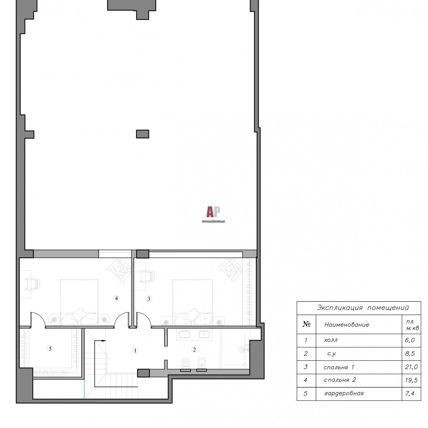Планировка 2 этажа квартиры с антресолью для временного проживания.