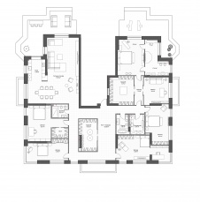 Планировка с расстановкой мебели пентхауса на 17 этаже современной высотки.