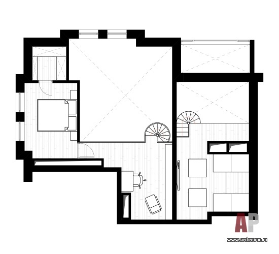 Дизайнерская планировка антресольного этажа с расстановкой мебели.
