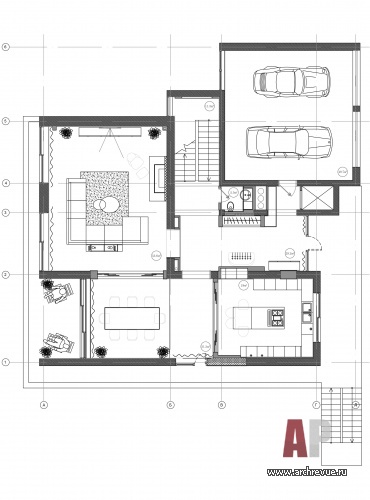 Перепланировка 1 этажа типового 4-х этажного коттеджа в Сочи. Общая площадь – 750 кв. м.