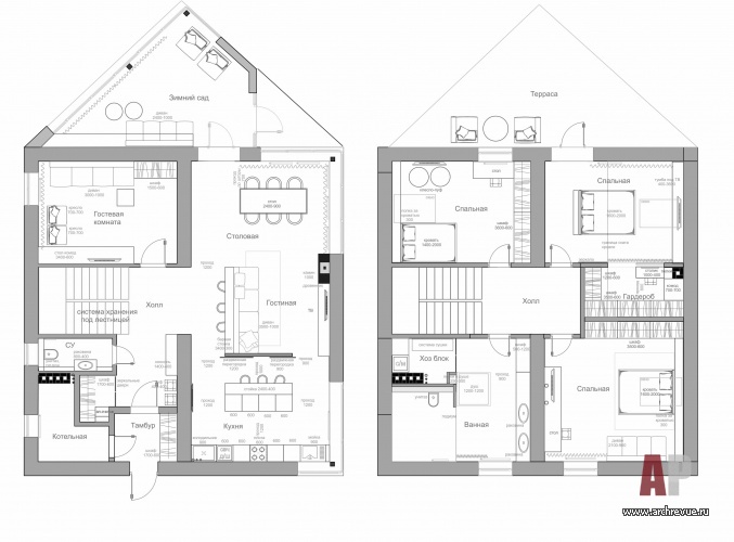 План 1 и 2 этажей дома под Екатеринбургом для сезонного проживания.