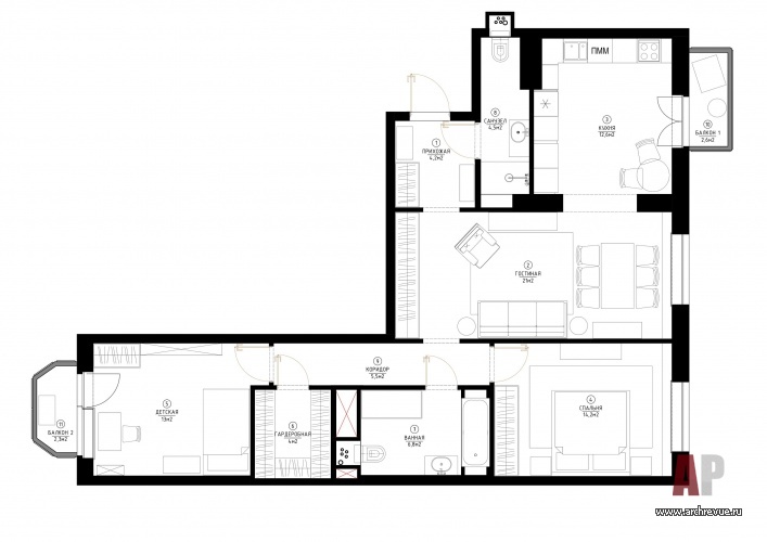 Планировка 3-х комнатной квартиры с двумя изолированными спальнями.