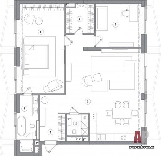 Планировка 3-х комнатной квартиры, клубный дом «Малая Ордынка, 25».
