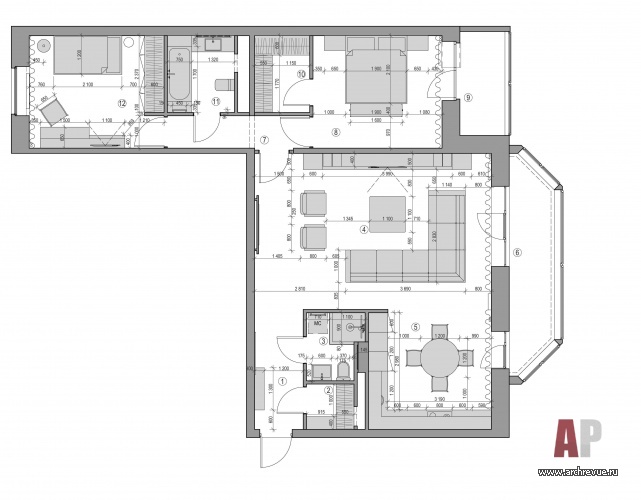 План небольшой 3-х комнатной квартиры с проходной гостиной.