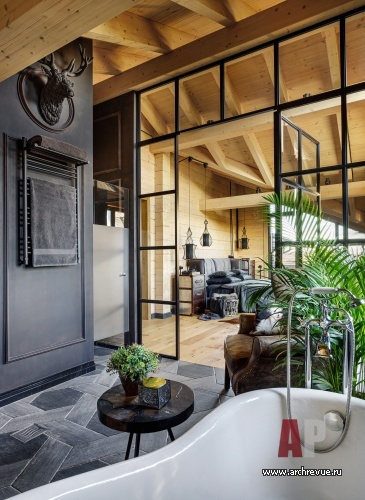 Фото интерьера ванной комнаты дома в стиле шале