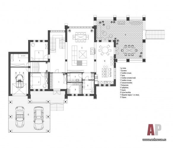 Планировка 1 этажа 3-х этажного шале со СПА и бассейном.