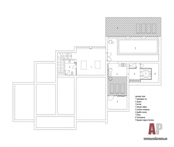 Планировка нижнего этажа 3-х этажного шале со СПА и бассейном.