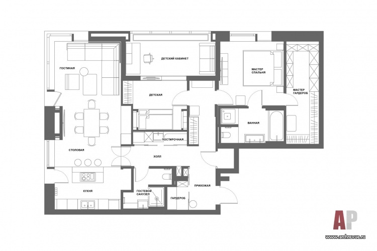 Планировка 3-х комнатной квартиры на 1 этаже одного из корпусов ЖК «Парк Рублево».