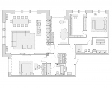 Планировка большой семейной квартиры в современном доме с арочными окнами.