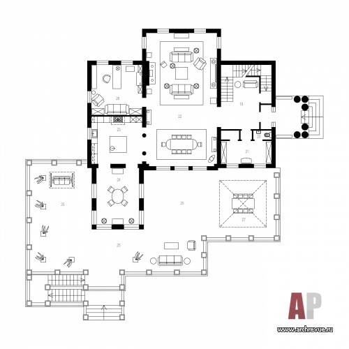 Планировка 1 этажа 4-х этажного особняка в классике.