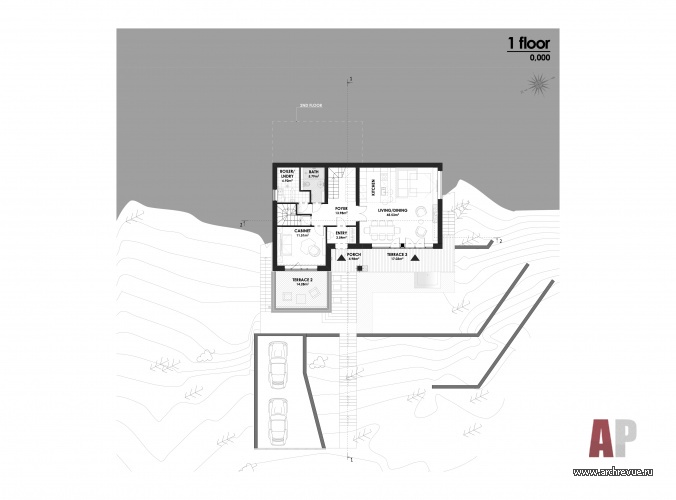 Планировка 1 этажа многоярусного дома, встроенного в холм.