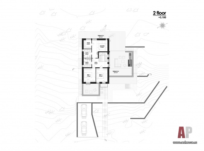 Планировка 2 этажа многоярусного дома, встроенного в холм.