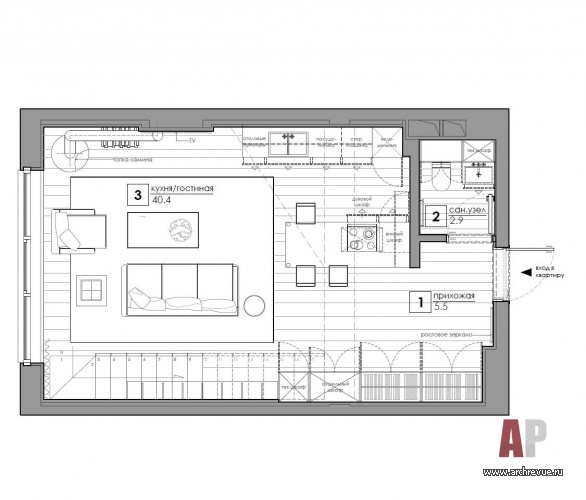 План 1 этажа 4-х этажного семейного лофта. Общая площадь - 120 кв. м.
