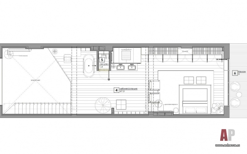 План 2 этажа 4-х этажного семейного лофта. Общая площадь - 120 кв. м.