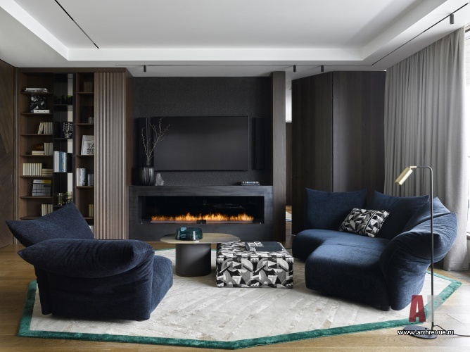 Фото интерьера гостиной квартиры в современном стиле Фото интерьера каминной квартиры в современном стиле