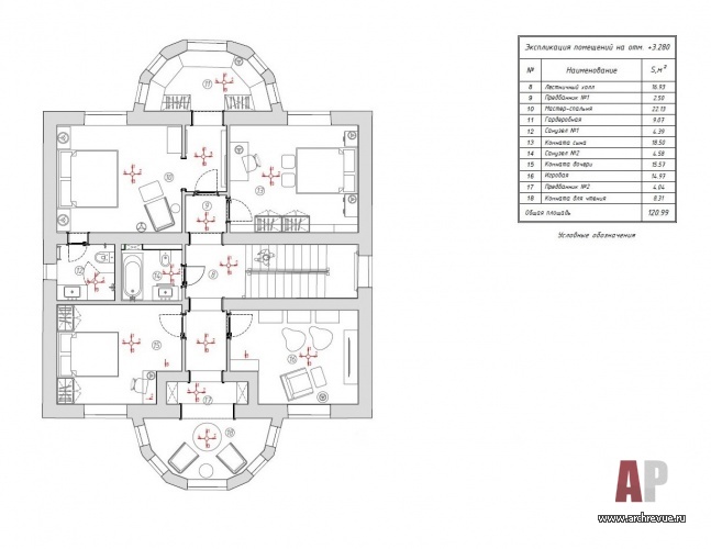 Планировка 2 этажа 3-х этажного дома для большой семьи в Подмосковье.