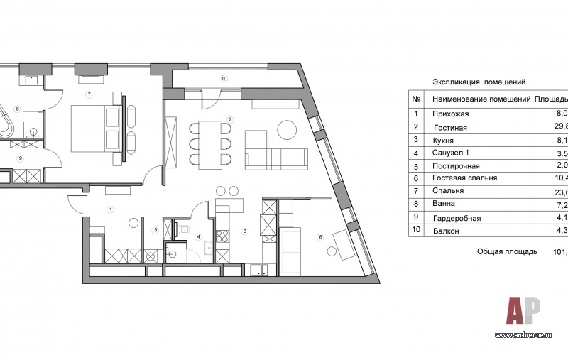 План 3-х комнатной квартиры в Хамовниках.