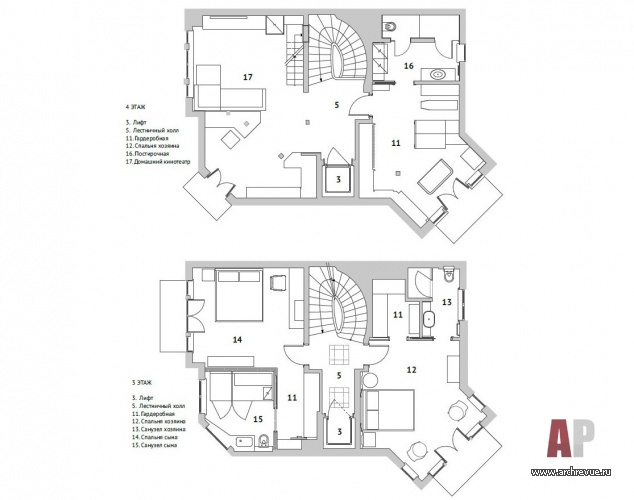 Планировка 3 и 4 этажа 4-х этажного дома в Подмосковье.