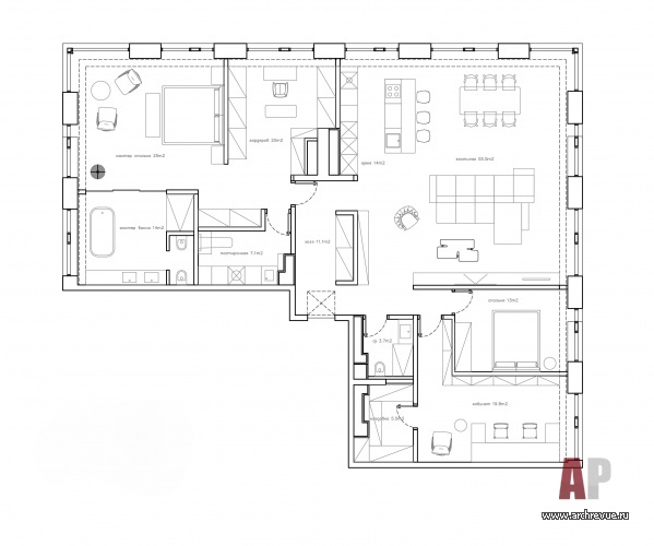 Планировка большой квартиры для молодой семейной пары в новостройке.