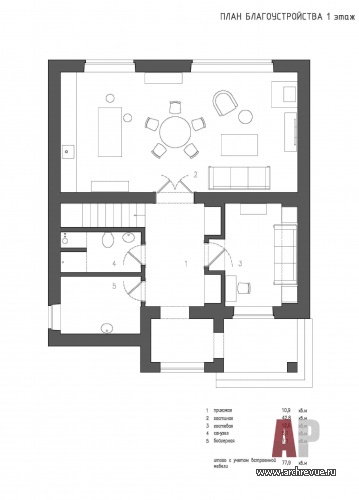 Планировка 1 этажа небольшого 2-х этажного дома в Подмосковье.