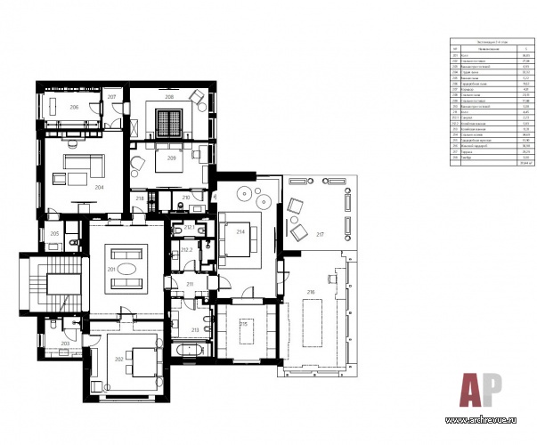 План второго этажа трехэтажного дома в поселке Малаховка. Общая площадь: 752 кв. м.