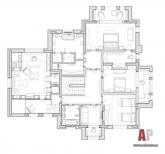План второго этажа двухэтажного дома в КП «Лесной Пейзаж 2». Общая площадь: 650 кв. м.
