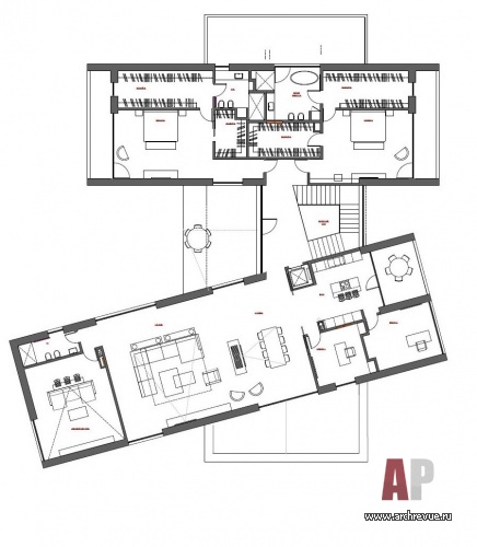 План второго этажа современного двухэтажного дома в Серебряном Бору. Общая площадь – 650 кв. м.