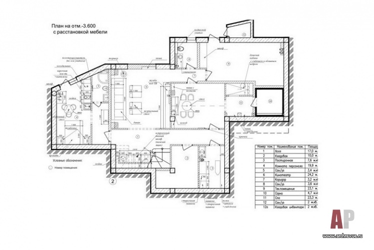 План цокольного этажа трехэтажного современного дома в Крыму. Общая площадь – 600 кв. м.