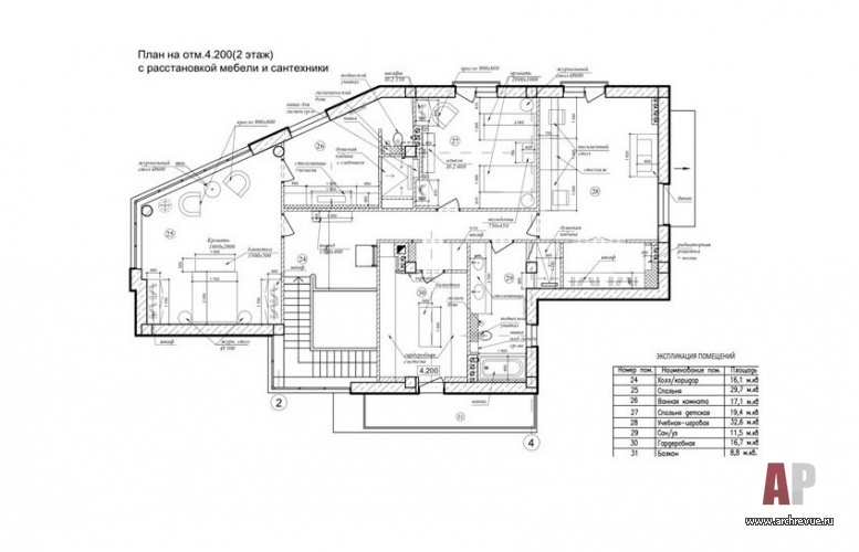 План второго этажа трехэтажного современного дома в Крыму. Общая площадь – 600 кв. м.