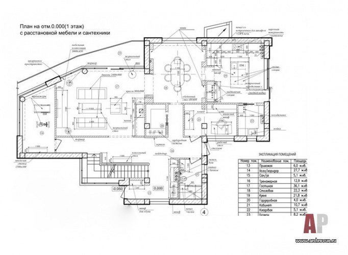 План первого этажа трехэтажного современного дома в Крыму. Общая площадь – 600 кв. м.