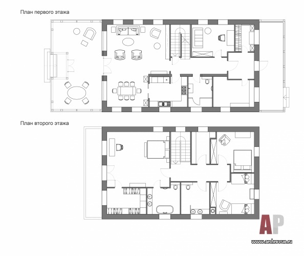 План 1 и 2 этажей 2-х этажного дома в Салтыковке. Общая площадь – 350 кв. м.