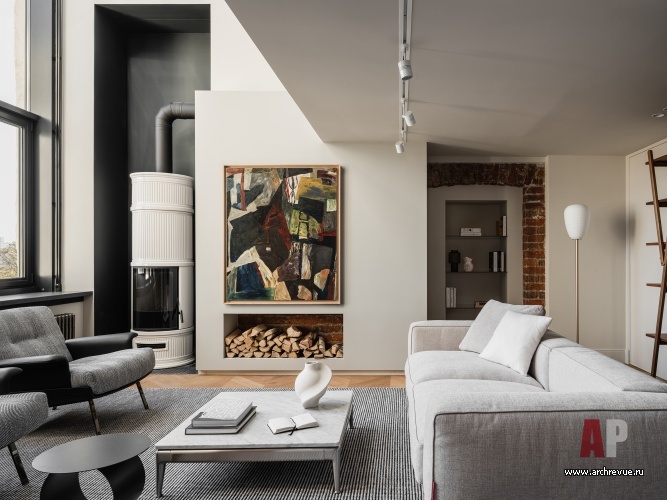 Фото интерьера гостиной пентхауса в стиле лофт
