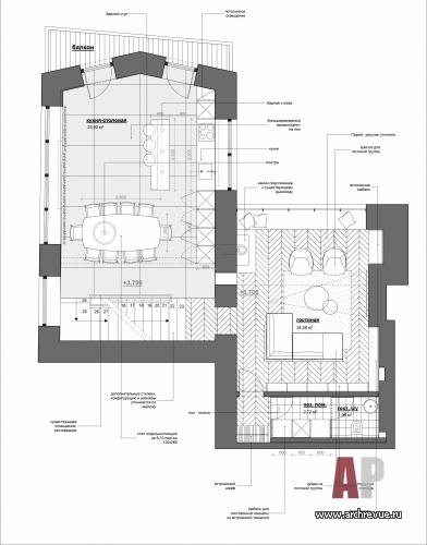 План второго этажа четырехэтажного пентхауса на Знаменке. Жилая площадь – 170 кв. м.