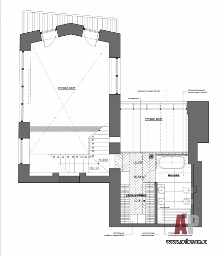 План третьего этажа четырехэтажного пентхауса на Знаменке. Жилая площадь – 170 кв. м.