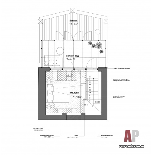 План четвертого этажа четырехэтажного пентхауса на Знаменке. Жилая площадь – 170 кв. м.
