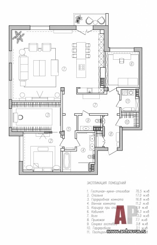 План трехкомнатной квартиры в новом жилом комплексе с видом на Смольный собор в Санкт-Петербурге. Общая площадь – 180 кв. м