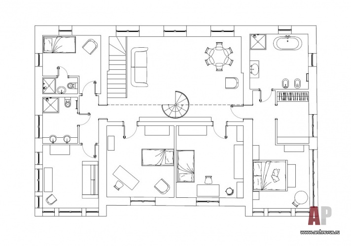 План второго этажа трехэтажного дома после реконструкции. Общая площадь - 450 кв. м.
