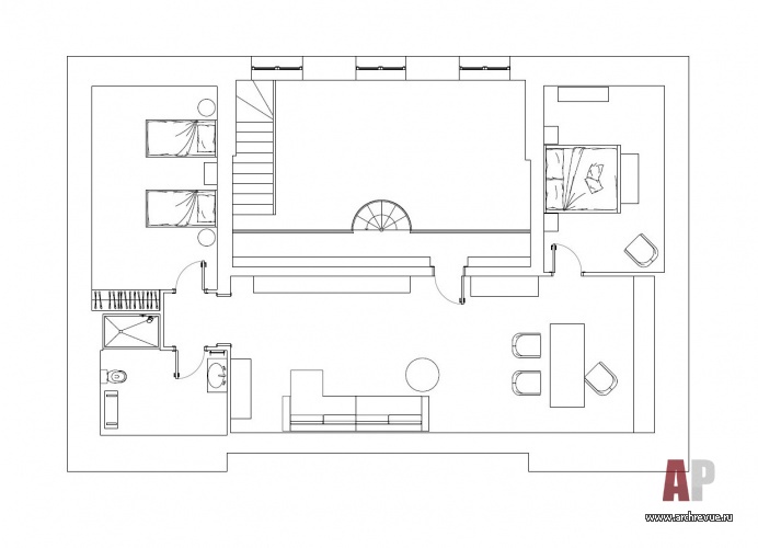 План мансардного этажа трехэтажного дома после реконструкции. Общая площадь - 450 кв. м.