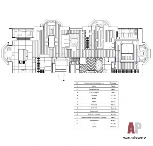 План трехкомнатной квартиры в новом доме в Сокольниках. Общая площадь - 160 кв. м.
